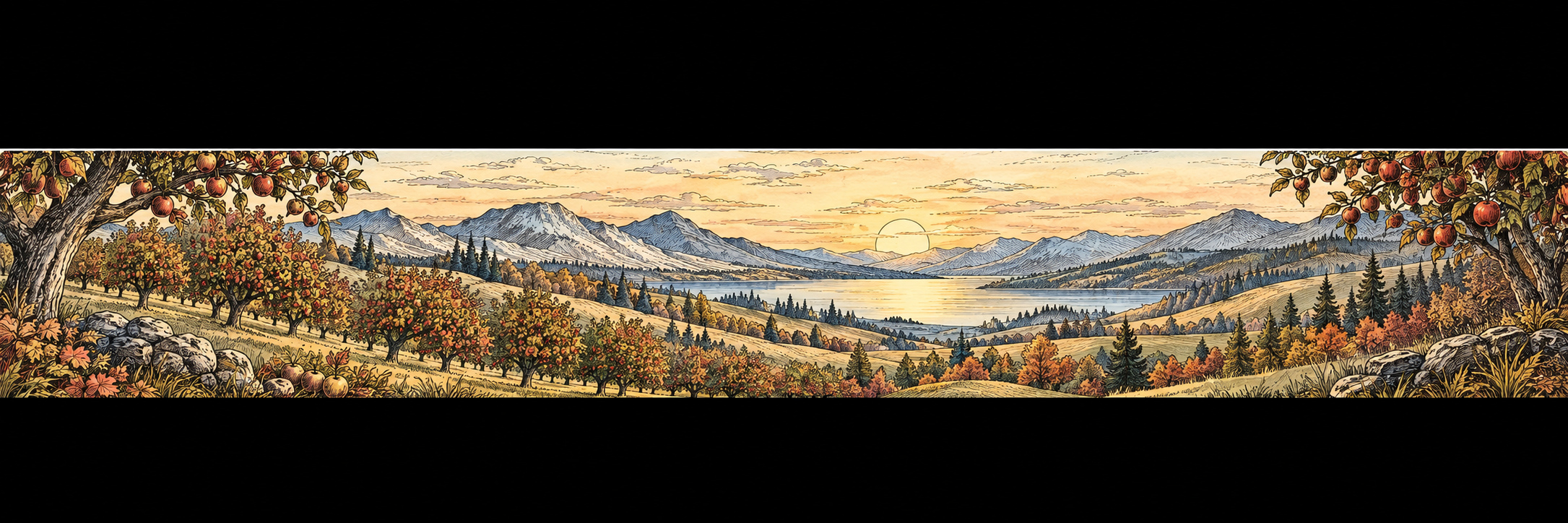 Autumn orchard across gentle rolling hills