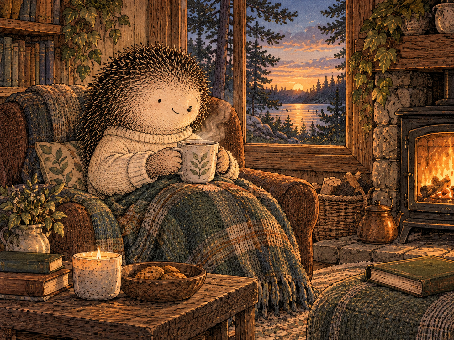 Day 69: The Evening Can Start Without Needing a Debate. Woodland hedgehog illustration.