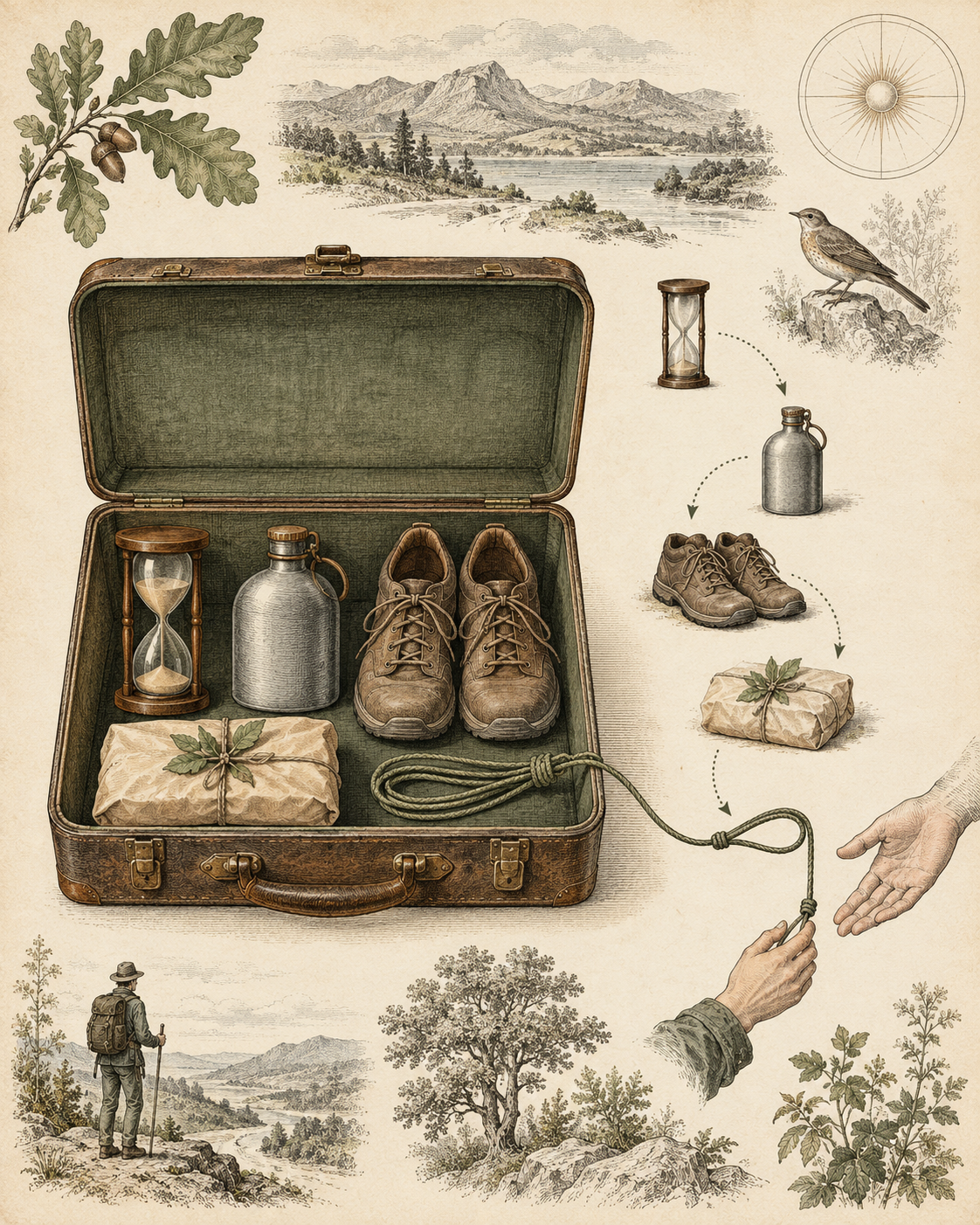 Vintage compact field kit illustrating a short precommitted behavioral sequence.