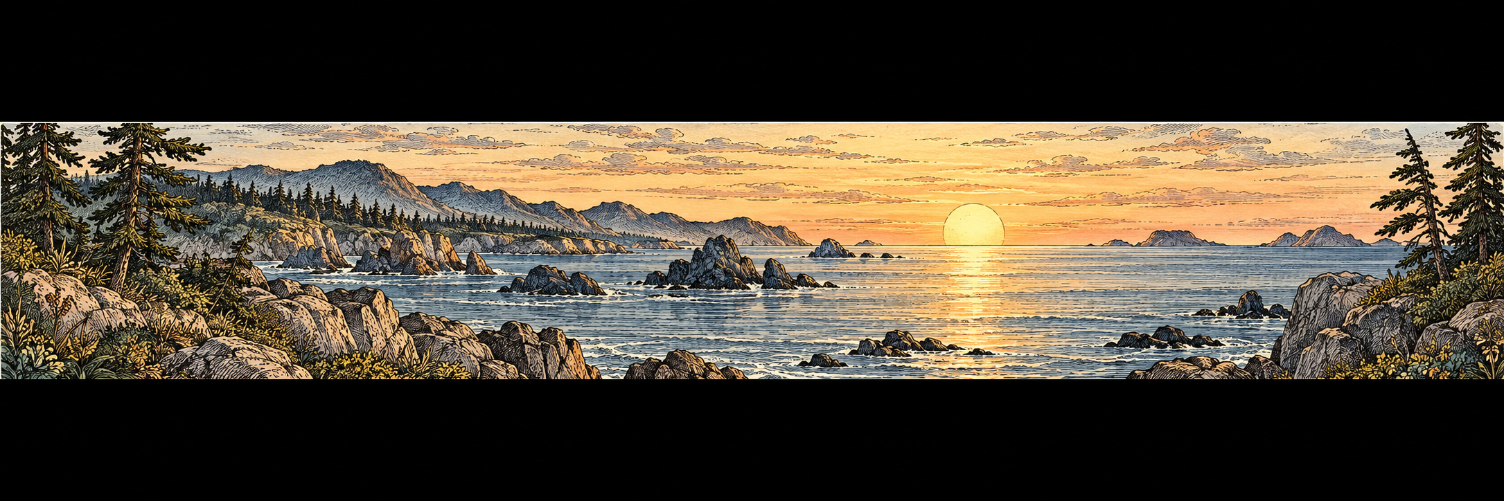 Rocky coastline with calm blue sea at sunset