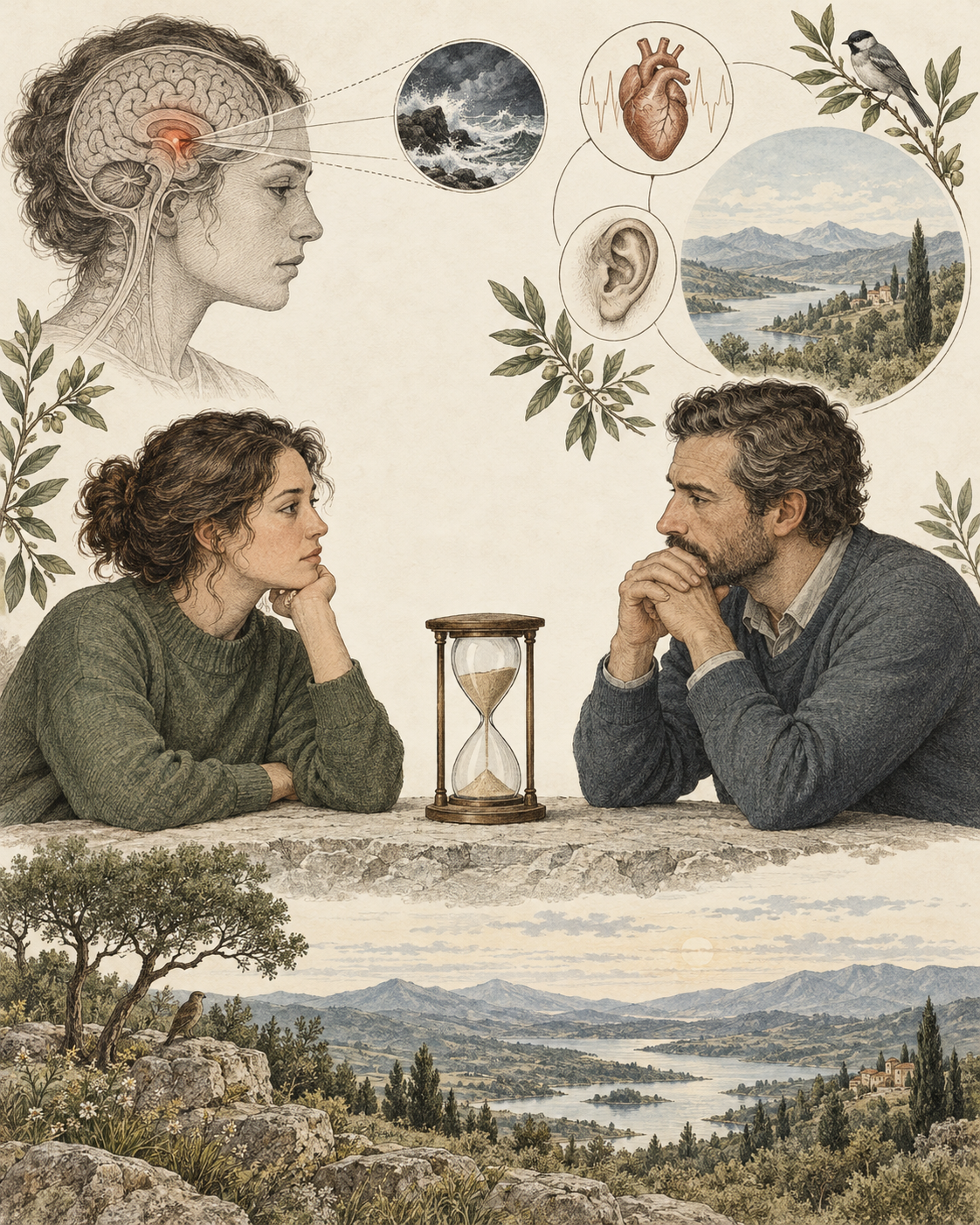 A conversation pause with an hourglass, heart, ear and wider landscape.