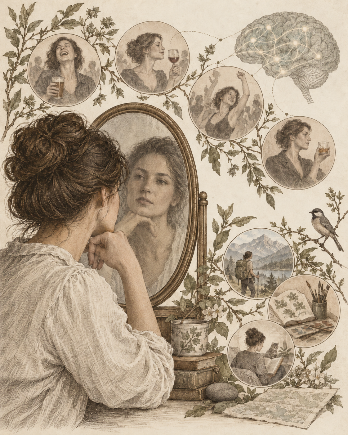 Vintage mirror and role studies illustrating updating self-concept.