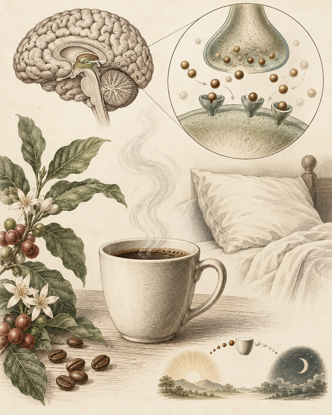 Vintage coffee and receptor study illustrating temporary stimulation alongside sleep need.