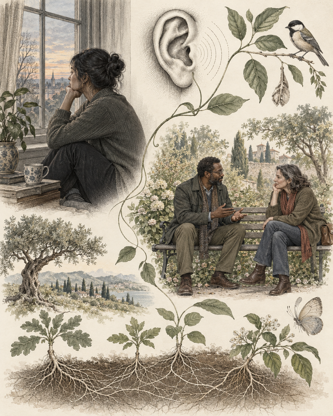 Solitude and a genuine conversation beside a listening ear and connected roots.