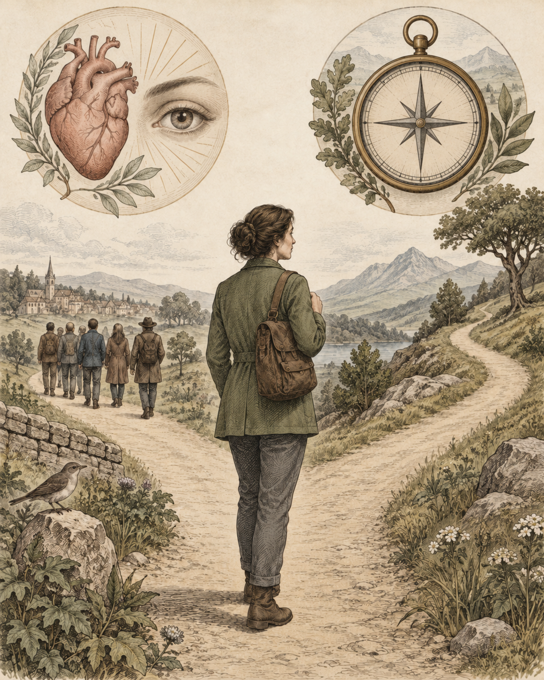 A personal path at a fork beside heart, eye and plain compass studies.