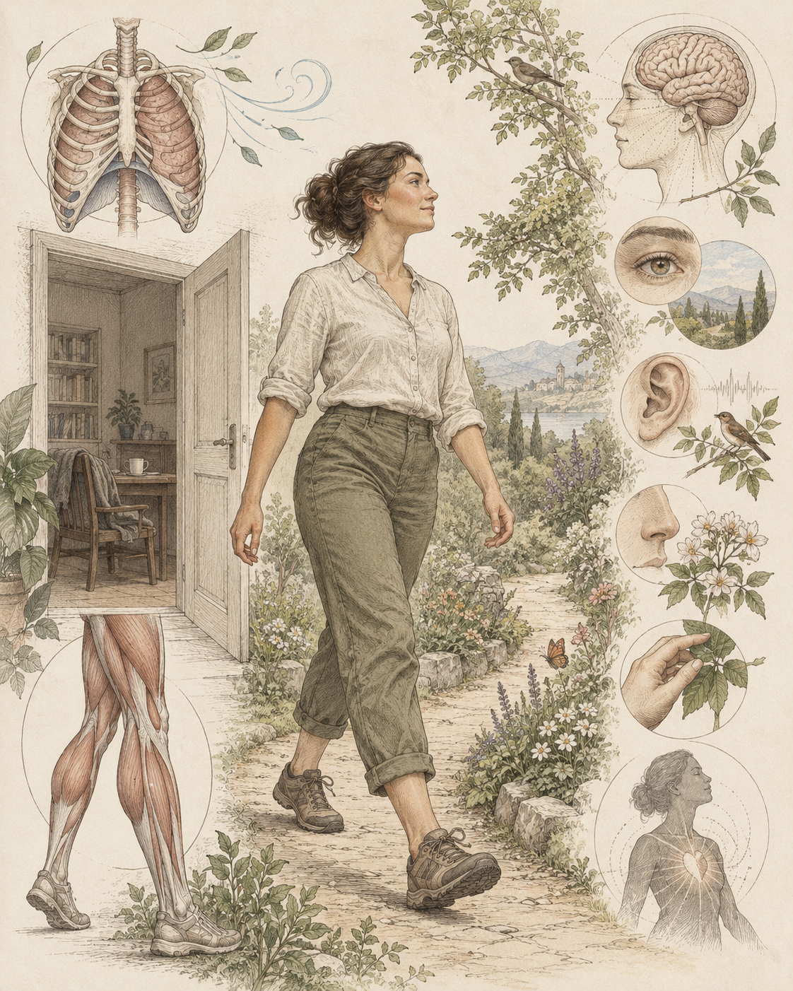 Vintage walking figure with sensory, breathing and muscle studies.