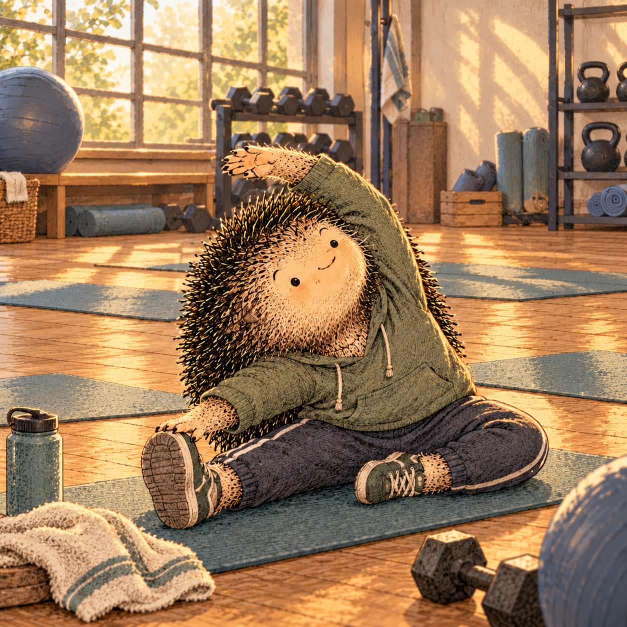 A gentle cream-faced, spiky-furred woodland companion exploring Day 97: Exercise as Emotional Regulation