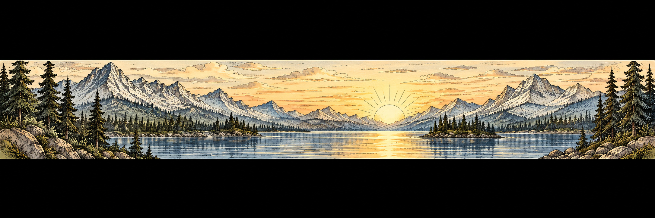 Alpine lake sunrise with distant snowy peaks and dark pine framing