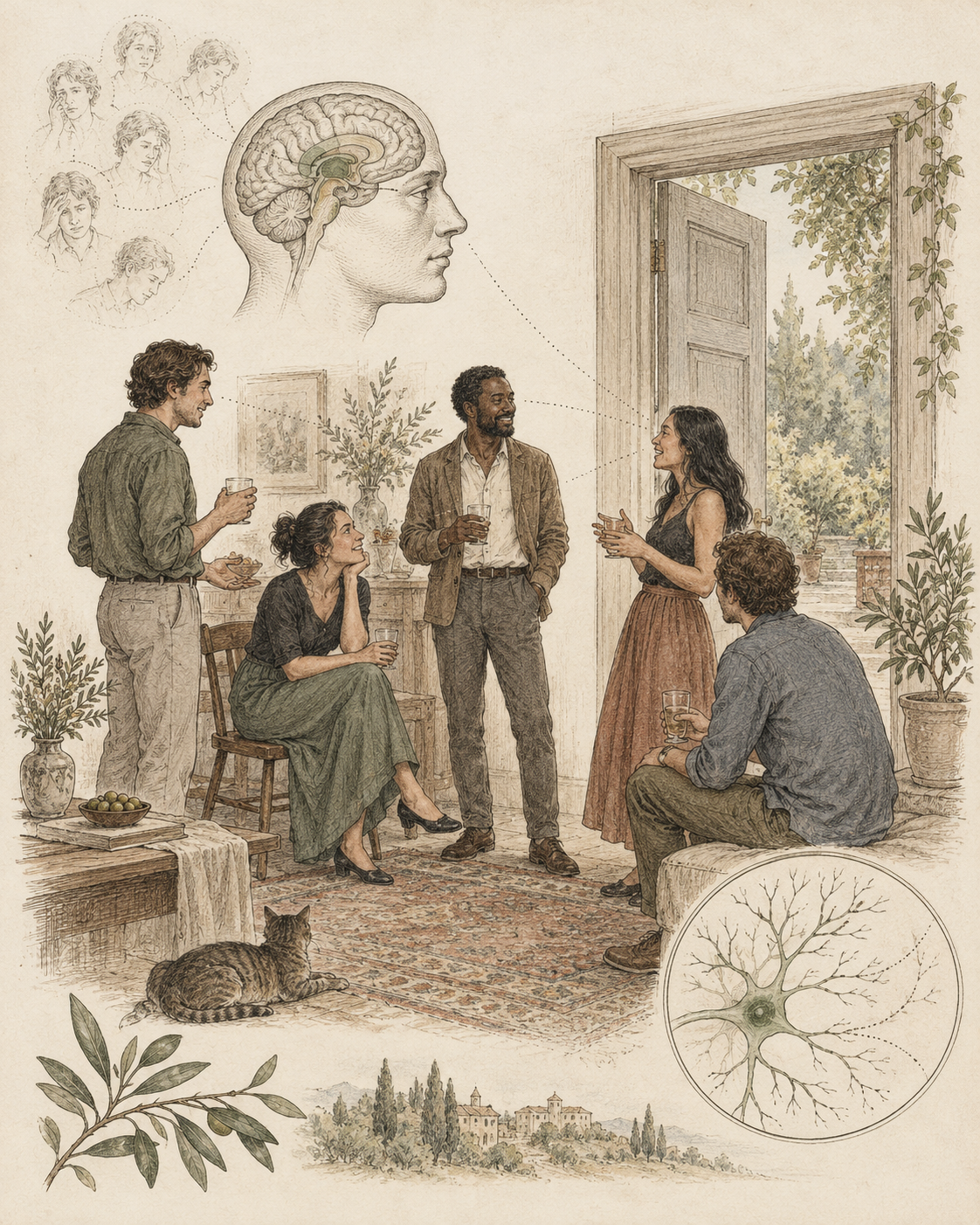 Antique illustration of a social gathering and anticipated social evaluation.