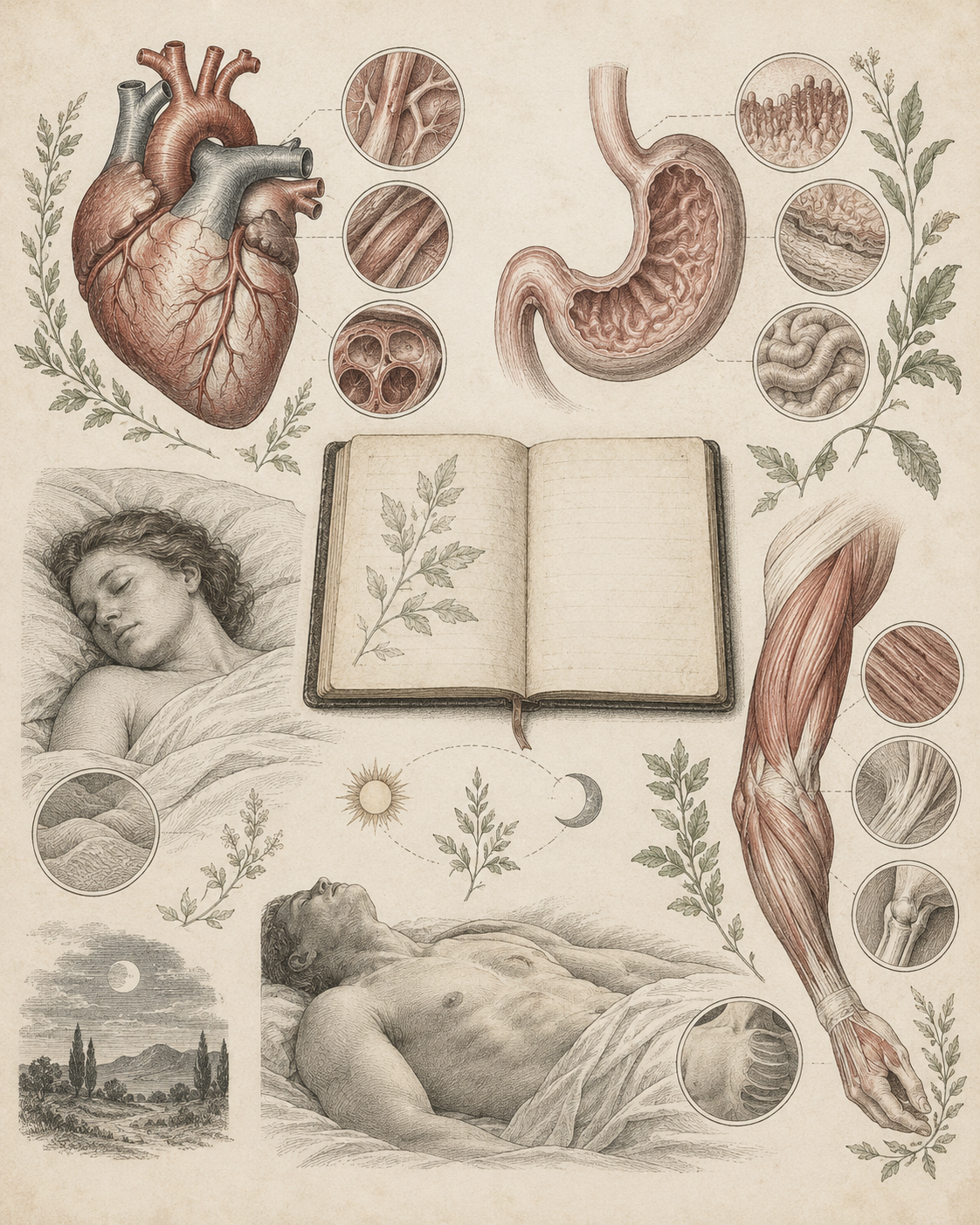 Antique anatomical observation studies of rest, heart, digestion and muscle.