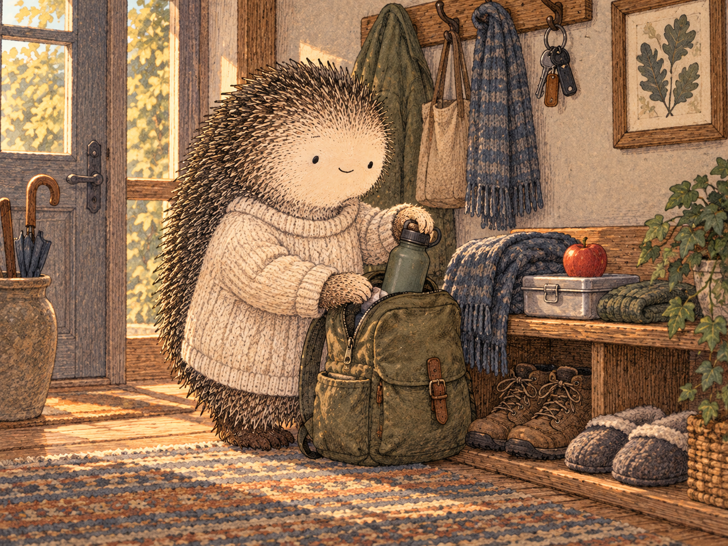 Day 226: External Structure Lets You Preserve Useful Behavior Without Requiring More Willpower From an Already Tired System. Woodland hedgehog illustration.
