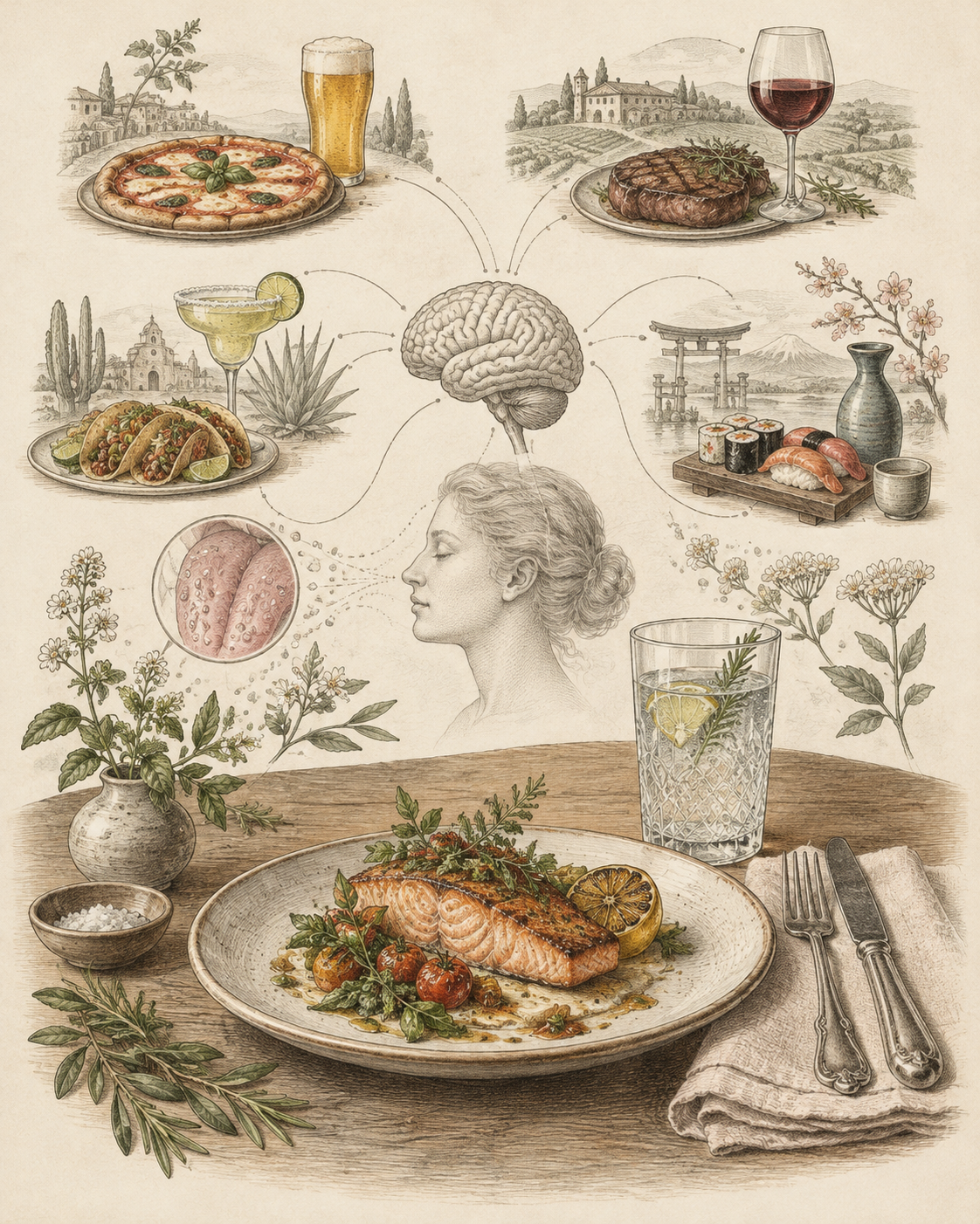 Vintage food and taste study illustrating learned pairings and new expectations.