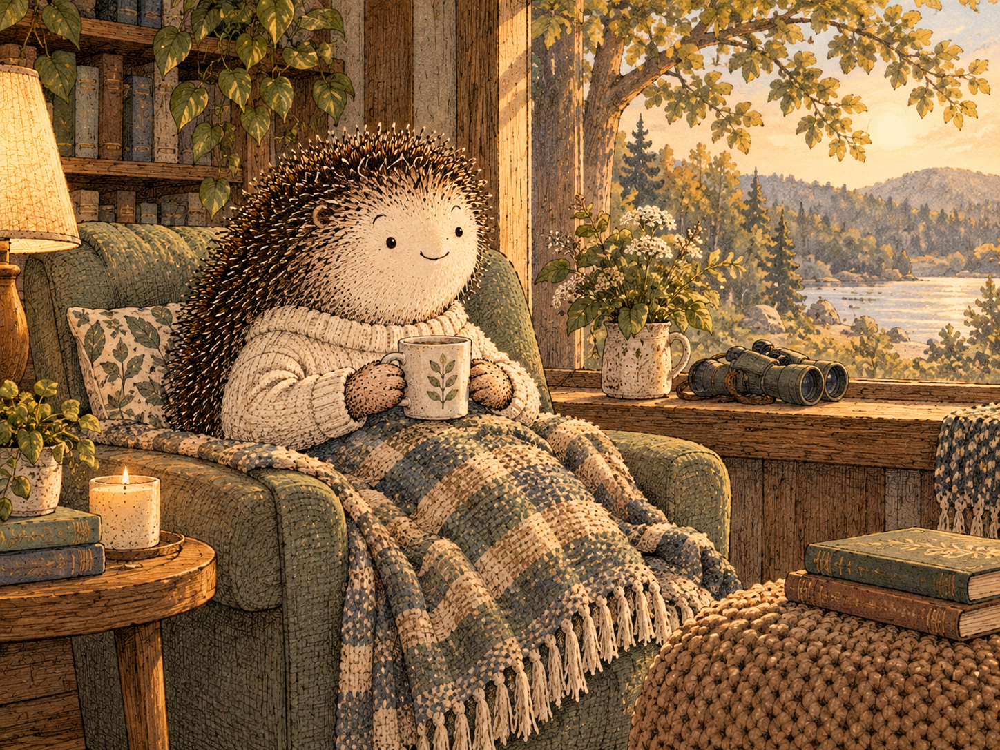 Day 115: Comfort With Empty Time Makes You Less Dependent on Any Single Form of Relief. Woodland hedgehog illustration.