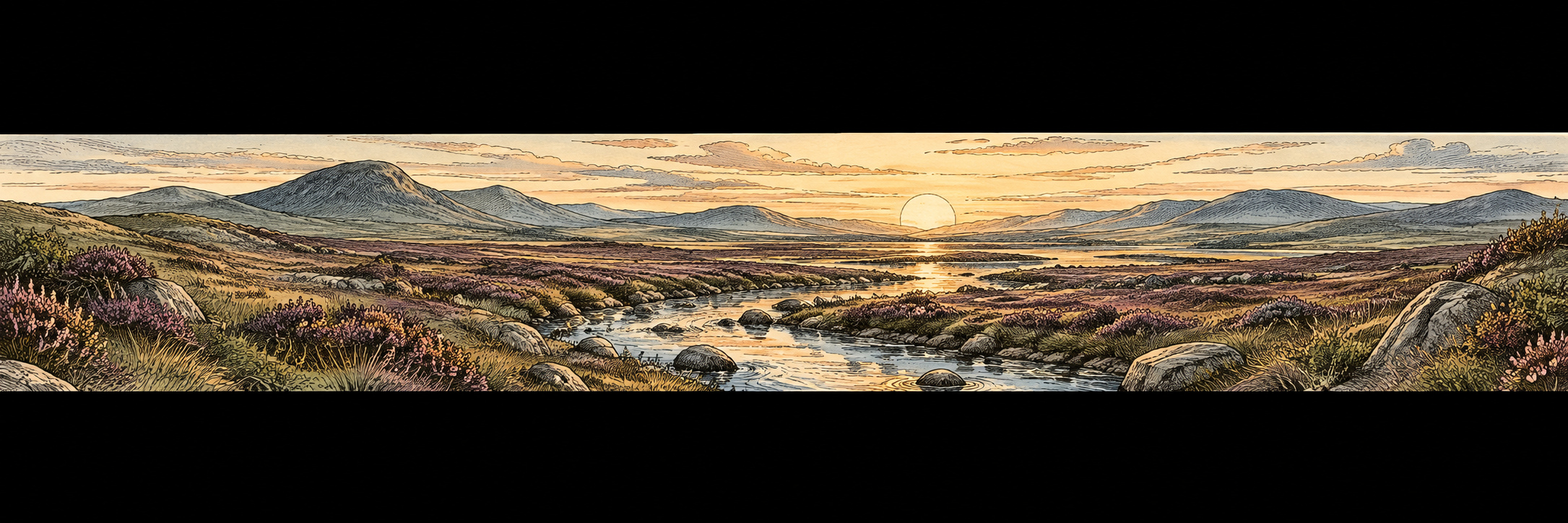 Open moorland with heather and a winding stream