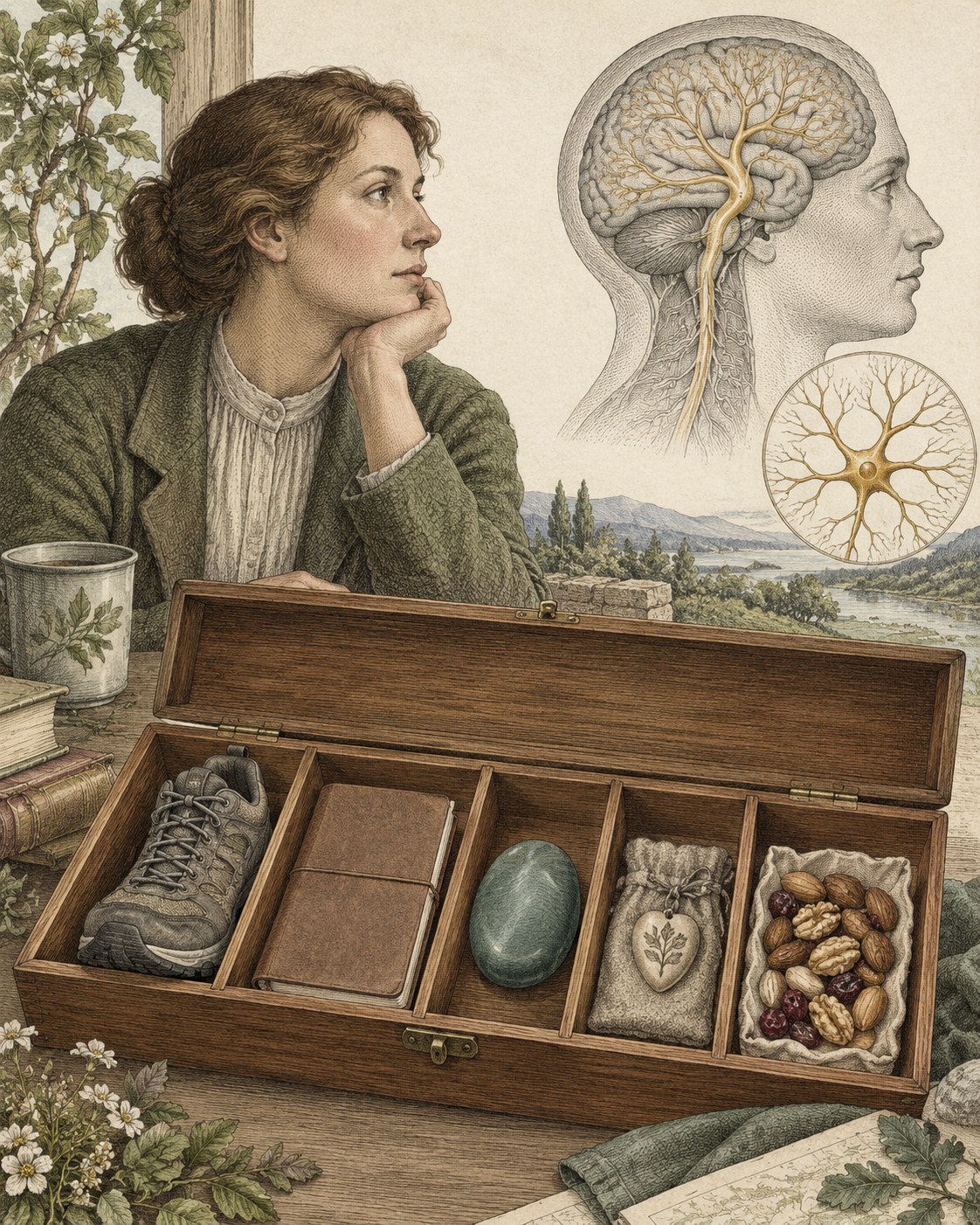 Five practical coping objects in a wooden toolkit beside neural studies.