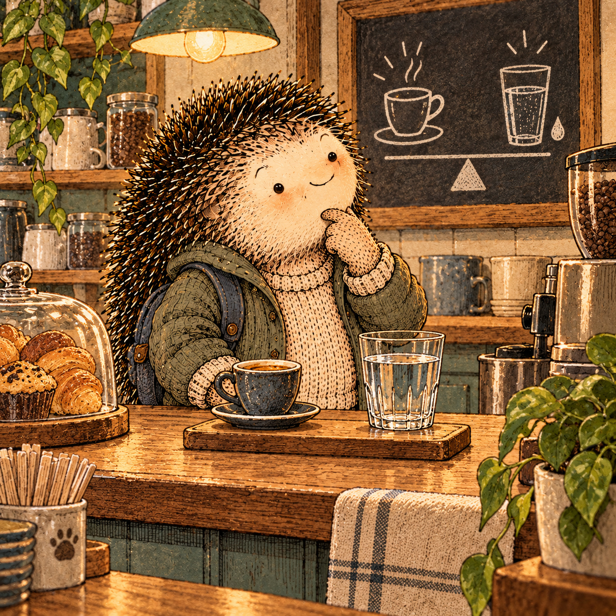 A gentle cream-faced, spiky-furred woodland companion exploring Day 104: Caffeine & Stimulation
