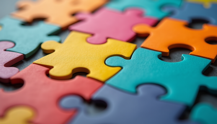 Eye-level view of a colorful puzzle piece pattern representing diversity and inclusion