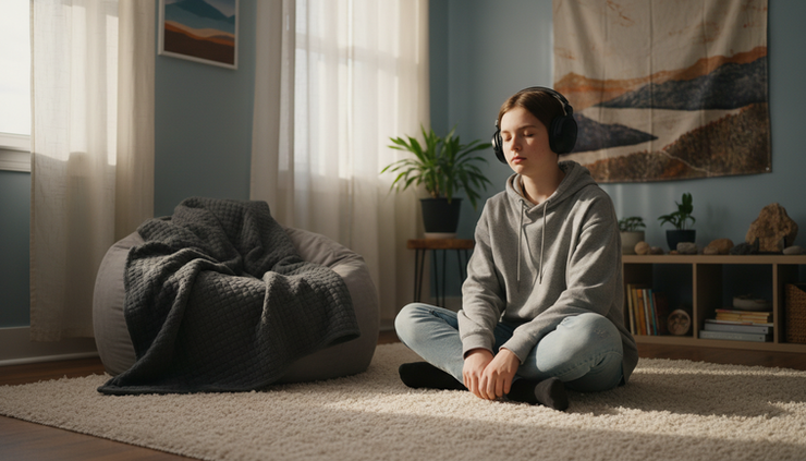 Eye-level view of a teenager sitting quietly with headphones in a calm bedroom