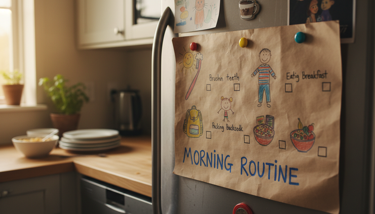 Close-up view of a visual morning routine chart with simple drawings