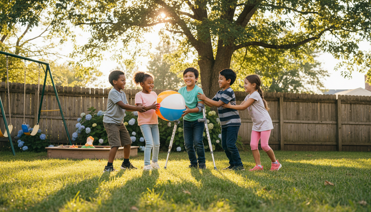 Wide-angle view of children playing a cooperative game in a backyard