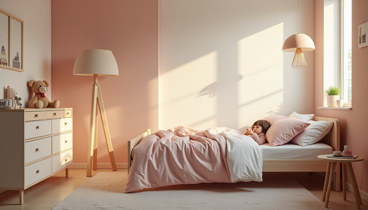 Eye-level view of a child’s bedroom with soft lighting and calming decor