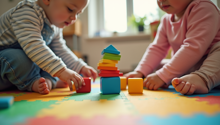 Eye-level view of two toddlers playing side by side with blocks on a colorful mat