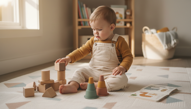 Eye-level view of a toddler sitting on a play mat with blocks and stacking cups.