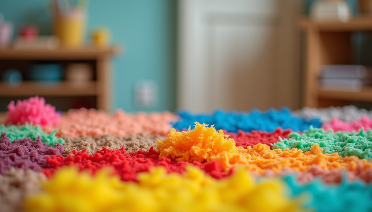 Eye-level view of a colorful sensory play table with various textured materials