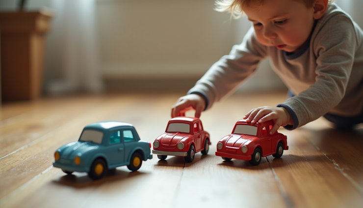 Eye-level view of a toddler playing alone with toy cars on a wooden floor