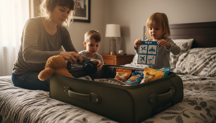 Wide-angle view of a family packing comfort items into a suitcase on a bed.