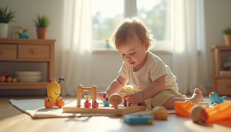 Eye-level view of a child playing with colorful educational toys in a bright room