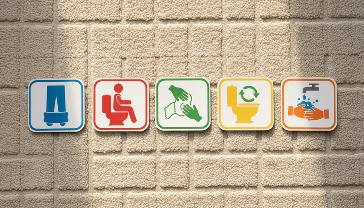 Overhead view of a simple toileting routine card set.
