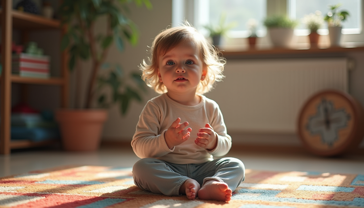 Eye-level view of a child sitting on a colorful carpet repeating words aloud