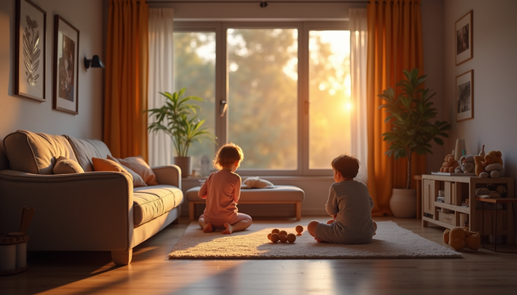 Eye-level view of a cozy family room with sensory toys and calming lights