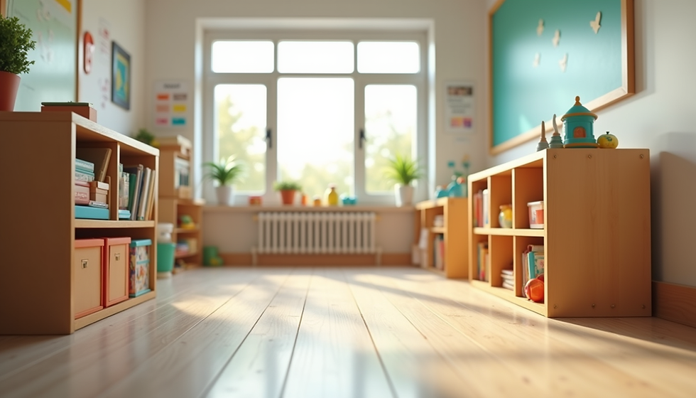 Eye-level view of a colorful visual schedule on a classroom wall