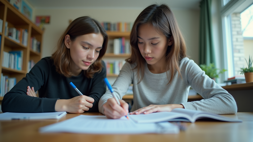 Eye-level view of a student studying with a tutor at a desk