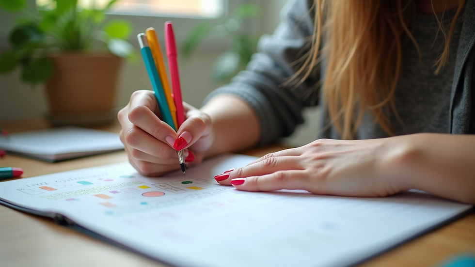 High angle view of a student writing notes with colorful pens