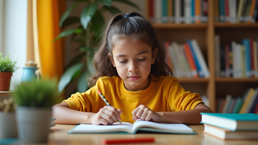 Eye-level view of a student confidently reading a book at a desk