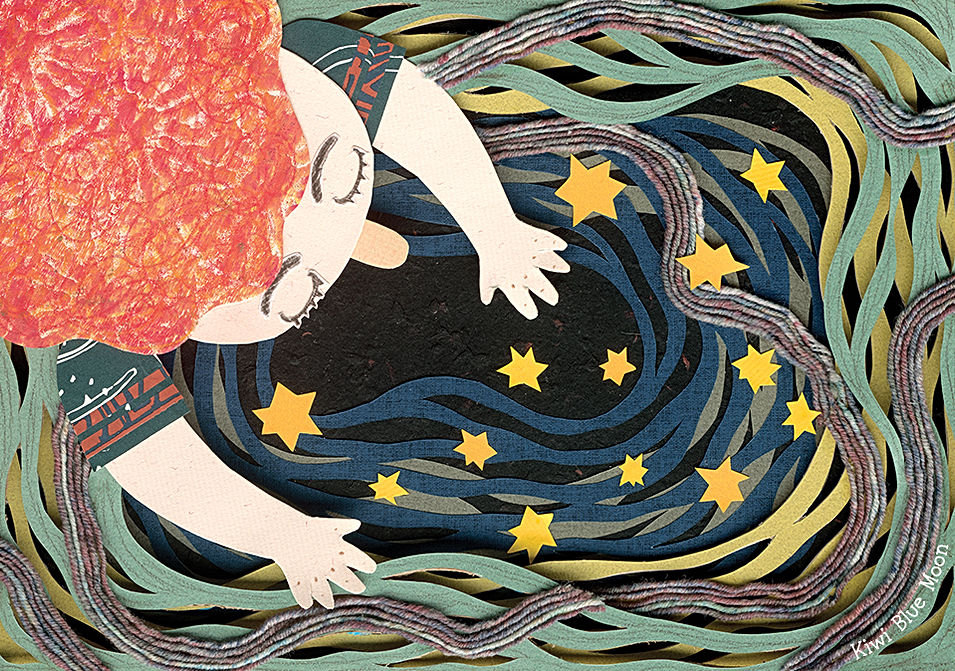 Little girl see the stars in the dream sky and is fascinated by the scene she see