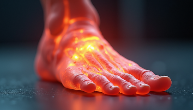 Vista em close-up da anatomia do pé destacando a fáscia plantar inflamada