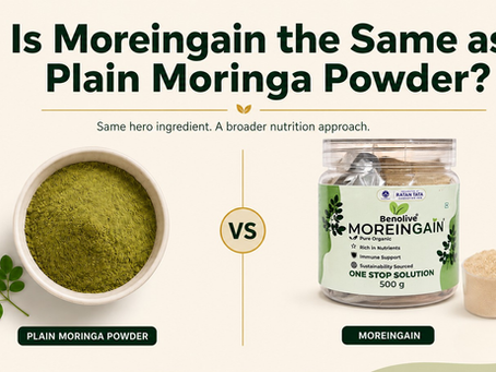 Moreingain compared with plain moringa powder and a 30 g serving scoop