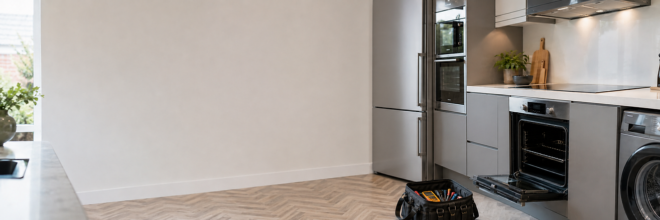 Appliance engineer diagnosing an electric oven in a modern kitchen.
