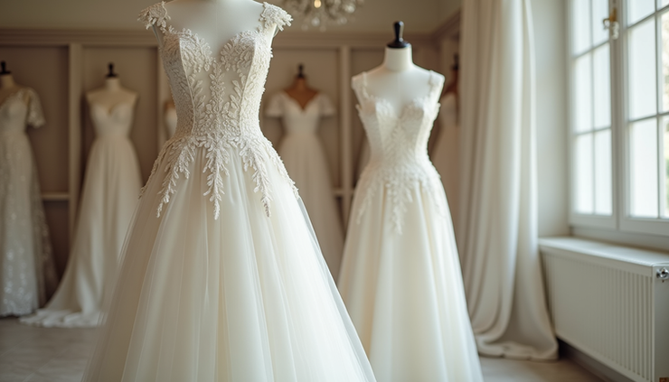 Vista frontal de vestido de noiva clássico com detalhes em renda e cauda longa