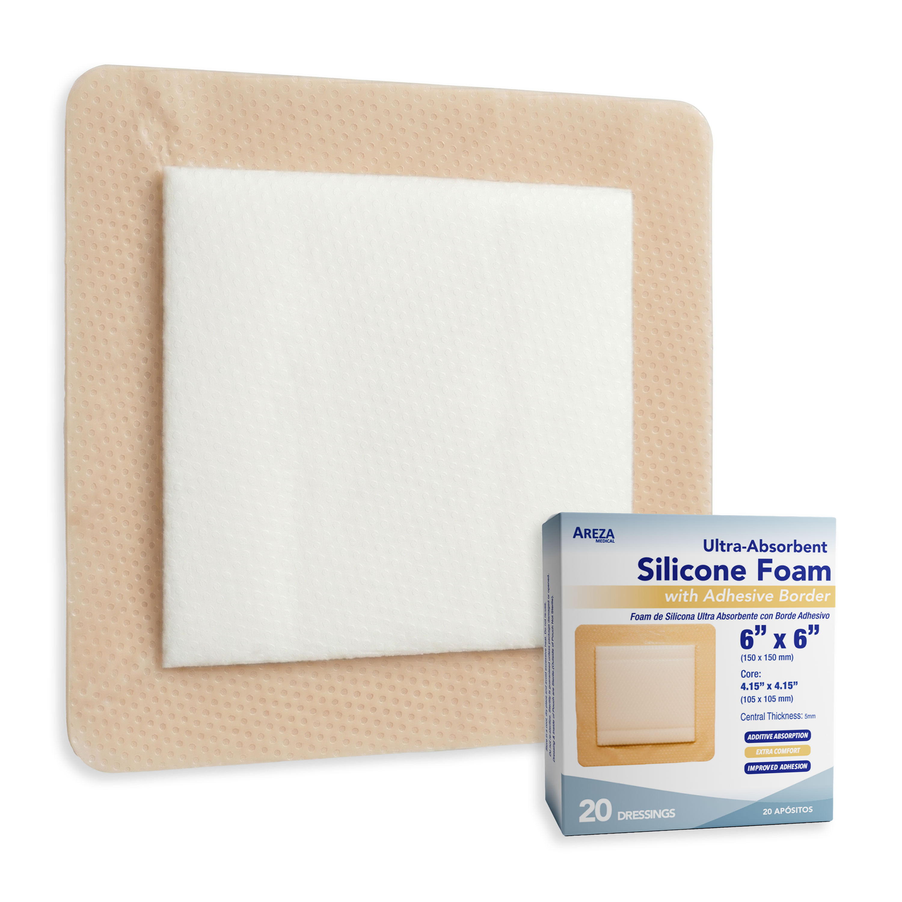 Ultra-Absorbent Silicone Foam Dressing with Adhesive Border 6" x 6" (20 PCS)