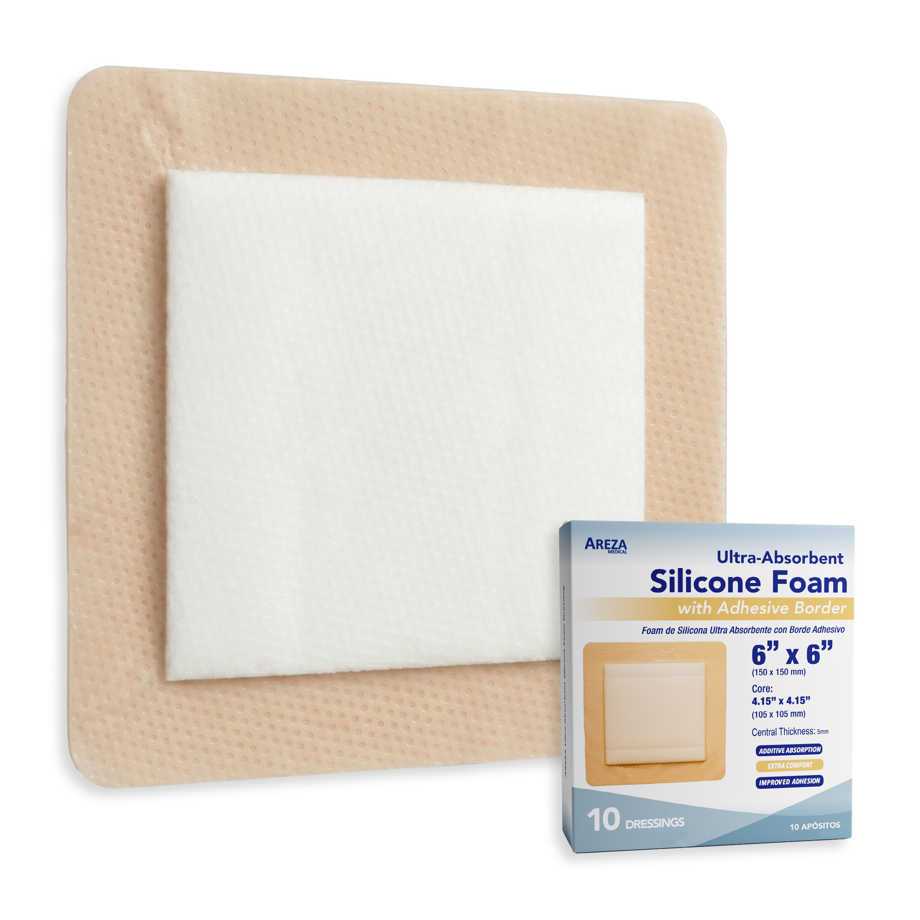 Ultra-Absorbent Silicone Foam Dressing with Adhesive Border 6" x 6" (10 PCS)