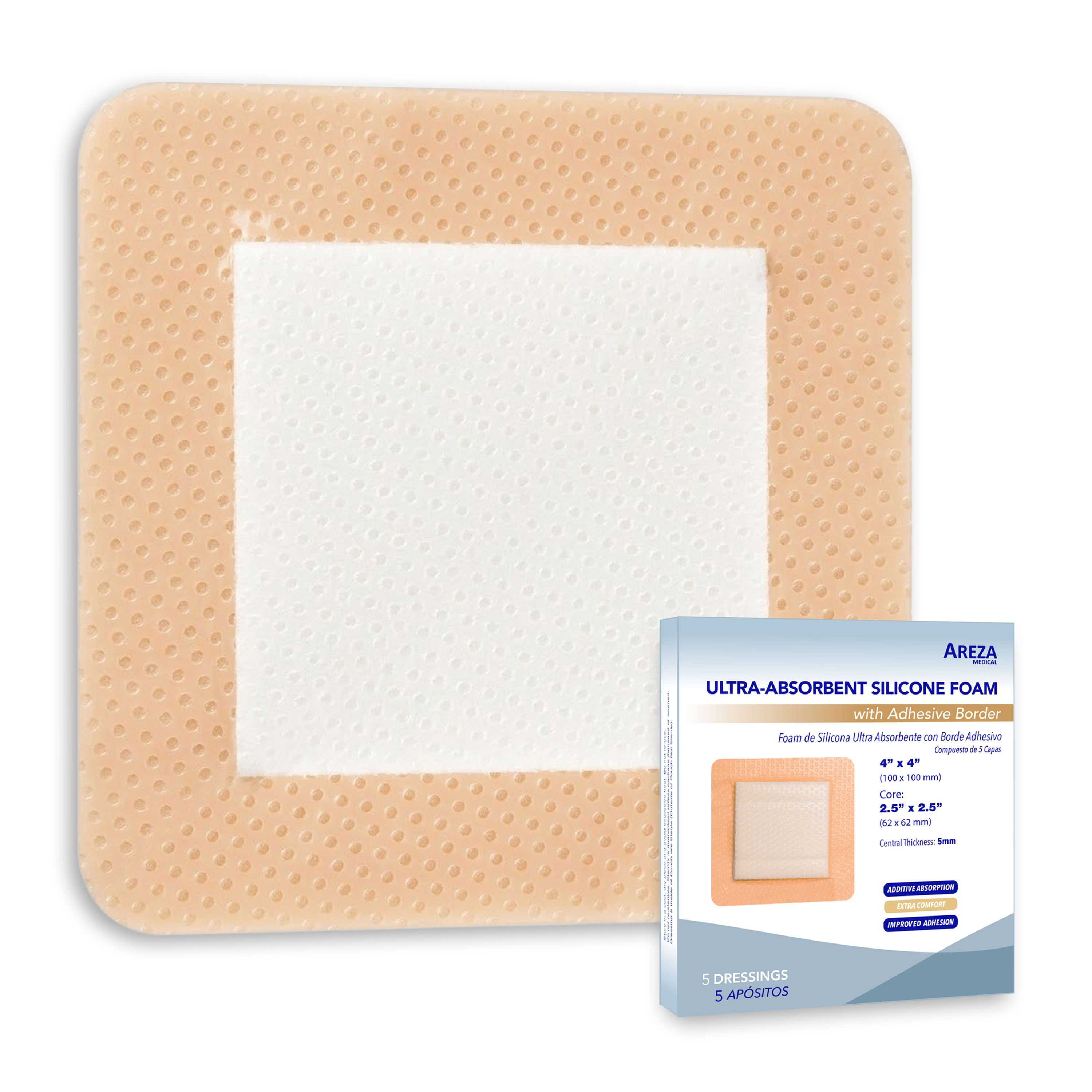 Ultra-Absorbent Silicone Foam Dressing with Adhesive Border 4" x 4" (5 PCS)