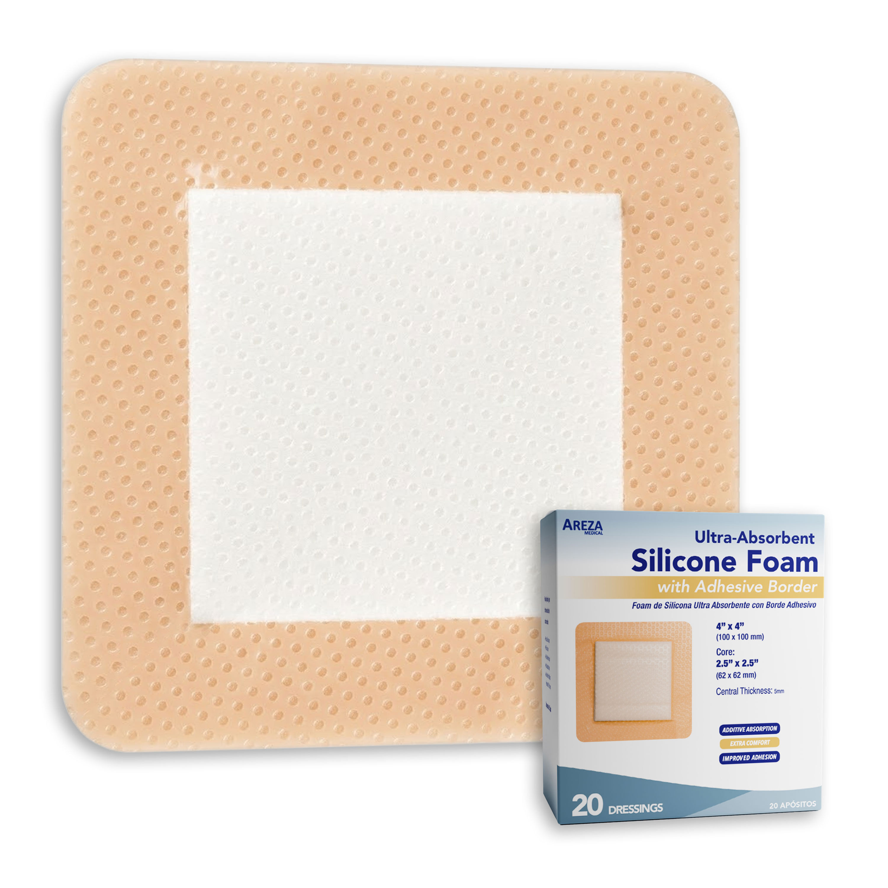 Ultra-Absorbent Silicone Foam Dressing with Adhesive Border 4" x 4" (20 PCS)