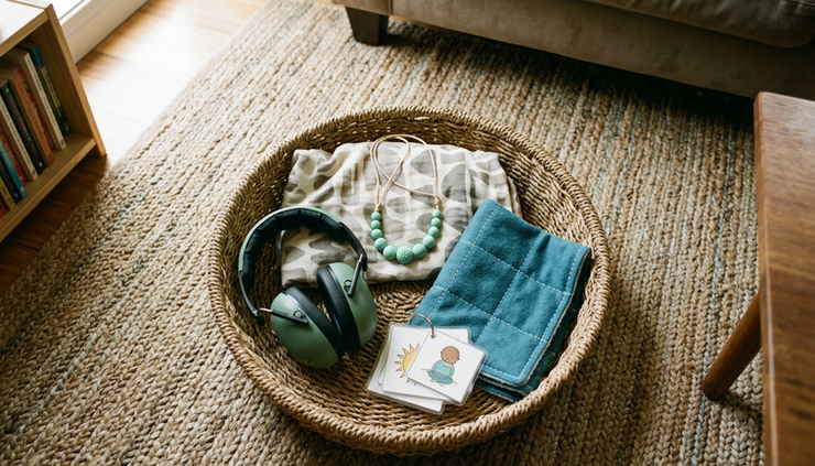 Overhead view of a calm sensory basket with headphones, chewable jewelry, soft fabric, and a small weighted lap pad.
