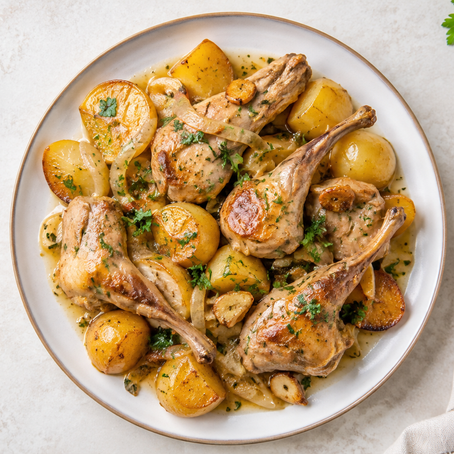 Conejo al ajillo con papas doradas