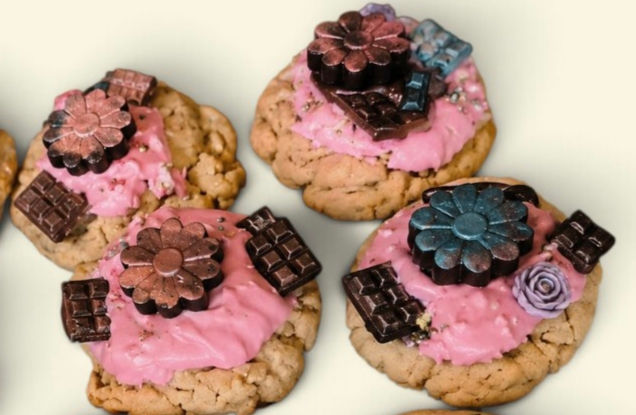 Hand crafted vegan raspberry daisy cookies by Bohanna chocolart made in staffordshire